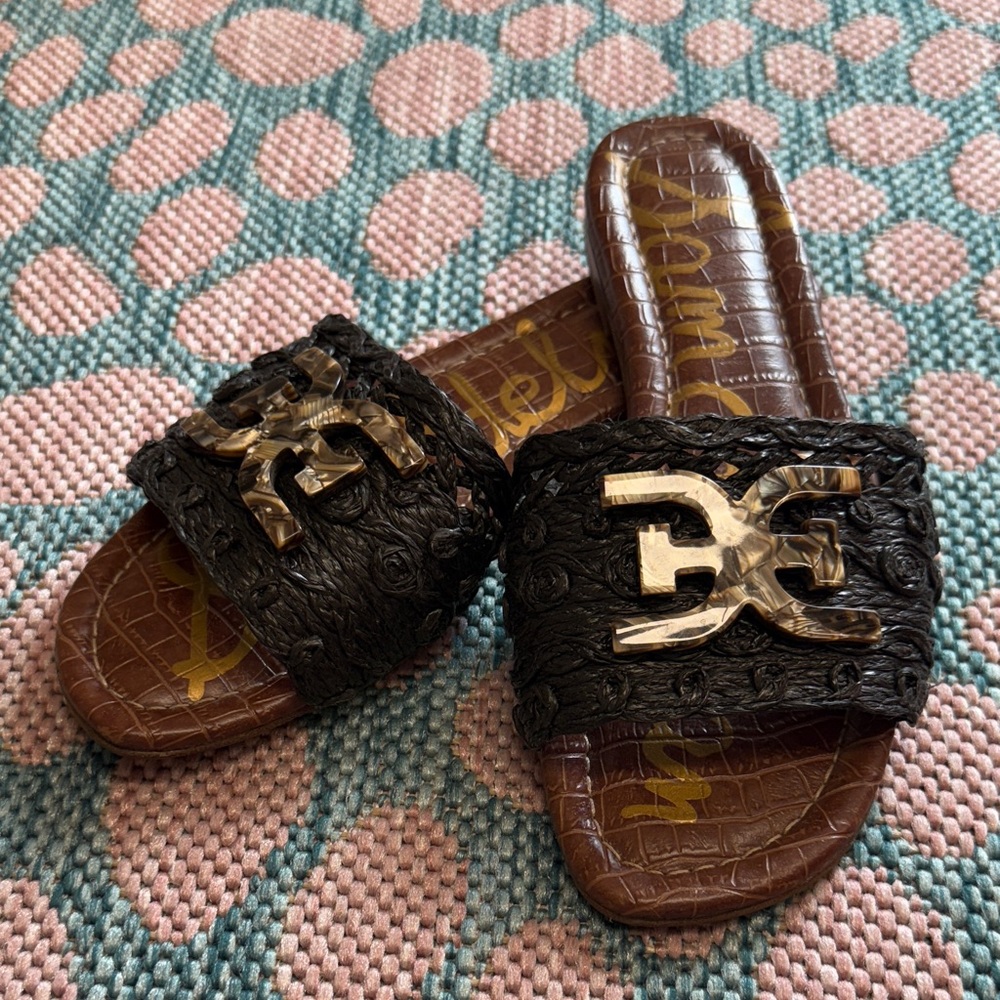 Sam Edelman Black and Brown Embossed Slides